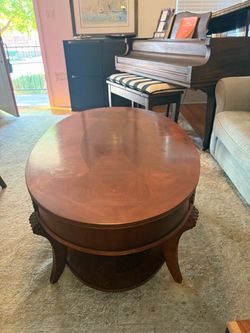 Oval Wood Inlay Coffee Table with Drawer