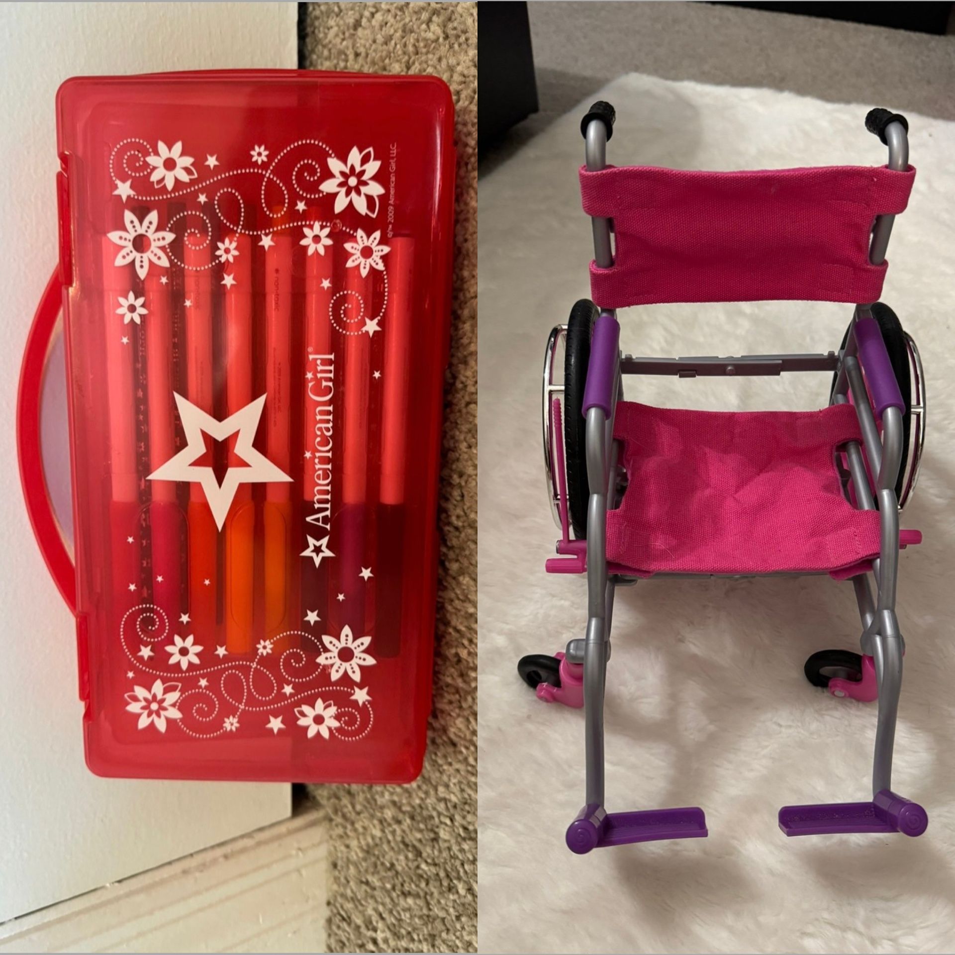 American Girl Wheelchair & Red Color Pencil Marker Case Set