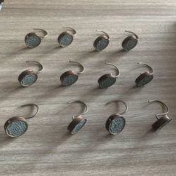12 Blue Teal Floral Round Shower Curtain Hooks With Rusty Brown Metal Rings Touch For Your Bathroom 