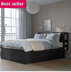BRIMNES Bed frame with storage & headboard, black/Luröy, Queen