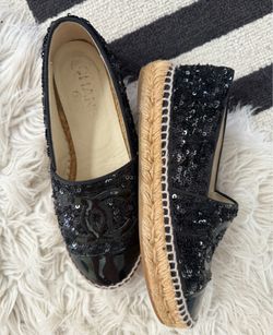 CHANEL Patent Sequin CC Espadrilles 36 Black