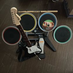 Rock Band 4 Xbox One Wireless Bundle Fender Guitar Drums Mic & Game 