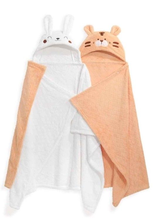 NEW! Toddler Bath Towels w/ Animal Hoods, 2 Pack Large Size 50x32, White Rabbit & Orange Tiger