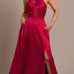 Red Halter Dress w/ Slit and Pockets