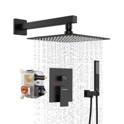 EMBATHER Black Shower System 10 Inches Shower Faucet Set with Square Rain Shower Head and Handheld For Bathroom, Matte Black Shower Combo Set Wall Mou