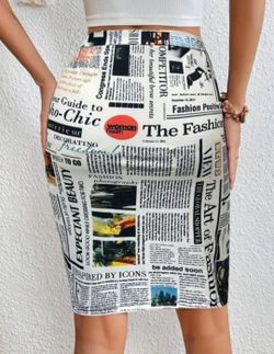 White newspaper magazine print pencil Midi Skirt Women's Gift  M 2XL