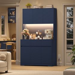 71" Tall Kitchen Pantry Cabinet with Charge Station & LED Light, Freestanding Food Pantry with 4 Cabinets, 3 Drawers & Microwave Shelf, Kitchen Hutch 