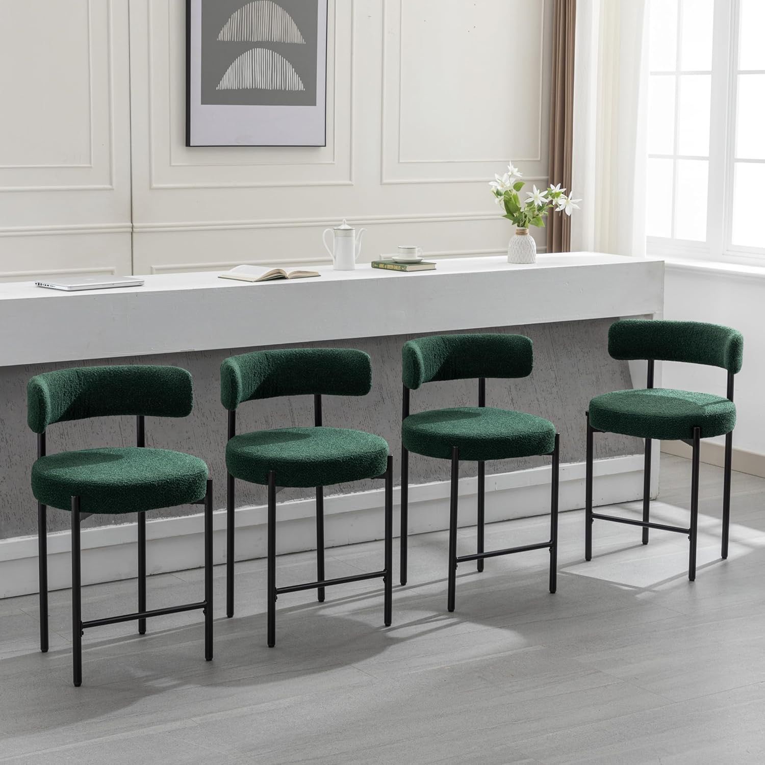 Counter Height Bar Stools, 24'' Green Bar Stools Set of 4, Boucle Barstools with Back, Mid-Century Modern Bar Chairs for Kitchen Island, Dining Room