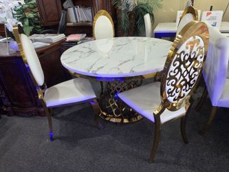 BRAND NEW 54" ROUND REAL MARBLE DINING TABLE  + 4 CREAM FAUX LEATHER AND GOLD METAL CHAIRS