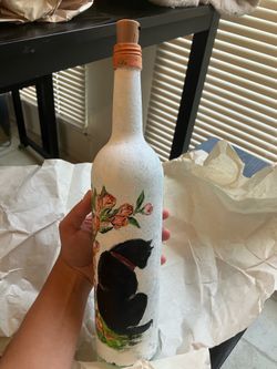Cat and tulips hand painted bottle