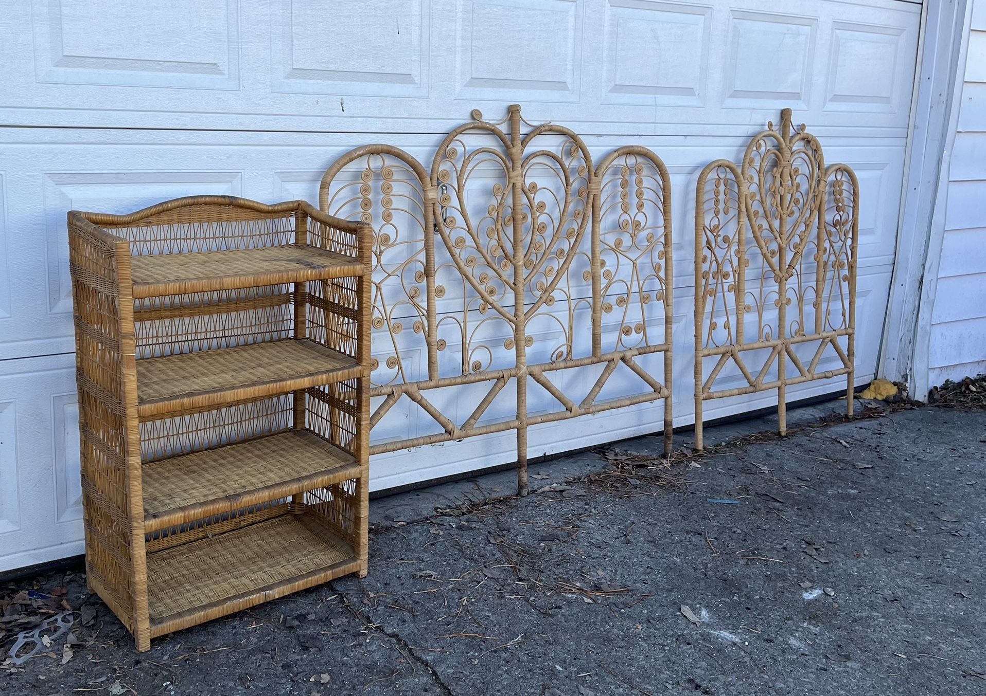 Vintage Wicker Rattan Mid Century Shelf And Heart Shaped Headboards for