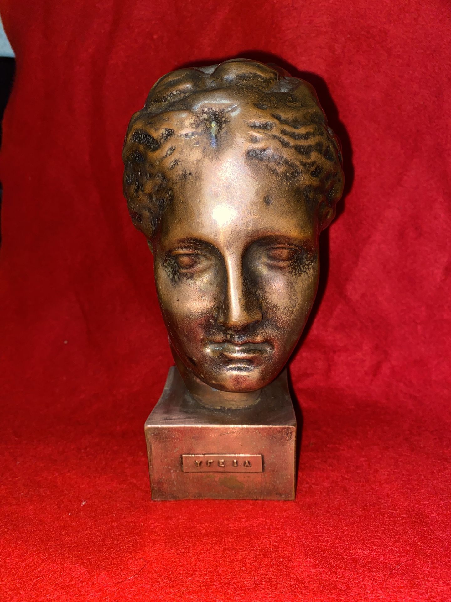 Vintage 7.5 Inch x 2.75 Inch Copper Plated Alabaster Greek Ygeia (Health) Statue Imported Greece