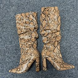 Women’s Snakeskin Print Slouch Boots – Pointed Toe, Block Heel
