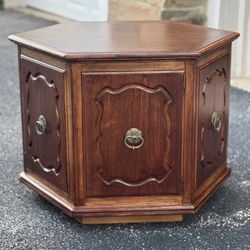Refinished Vintage Hexagon Wood End Table with Antique Brass Hardware
