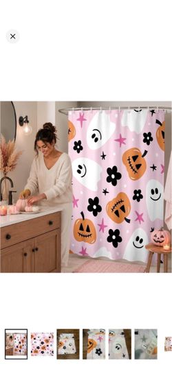 Happy Halloween Shower Curtain, Polyester Bath Decor, Cute Cartoon Ghost Pumpkin