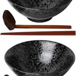 Soup Bowls - 60 Ounce, with Matching Spoons and Chopsticks for Udon Soba Pho Asian Noodles, Set of 2, Black