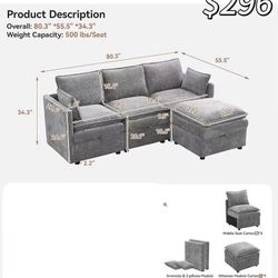 😀 80" Cloud 3 Seater Sectional Modular Couch with Storage Ottoman, Upholstered Storage Sofa Deep Seat, Chenille L Shape Sofa Comfy Couches