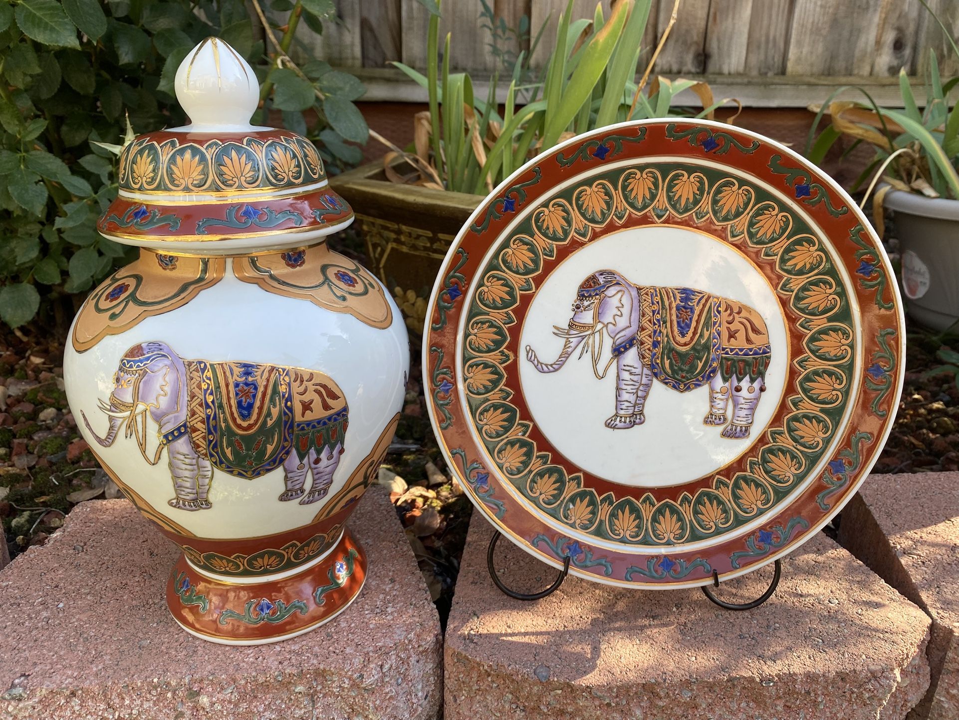 Vintage hand-painted Chinoiserie porcelain elephant vase and plate