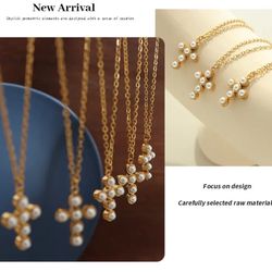 N251- Retro Gold Necklace Cross With Pearls!