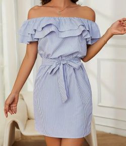 Off Shoulder Ruffle Hem Slash Neck Short Dress Strapless Stripe Print Mini Blue