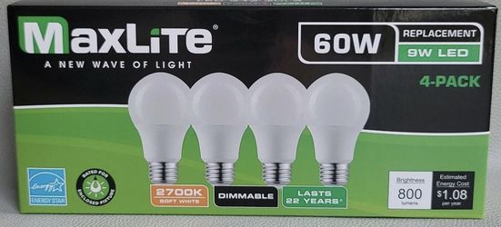 Maxlite LED Light Bulbs 60W A19 E26 Dimmable 800 Lumens - Lot of 1 (4 Pack)
