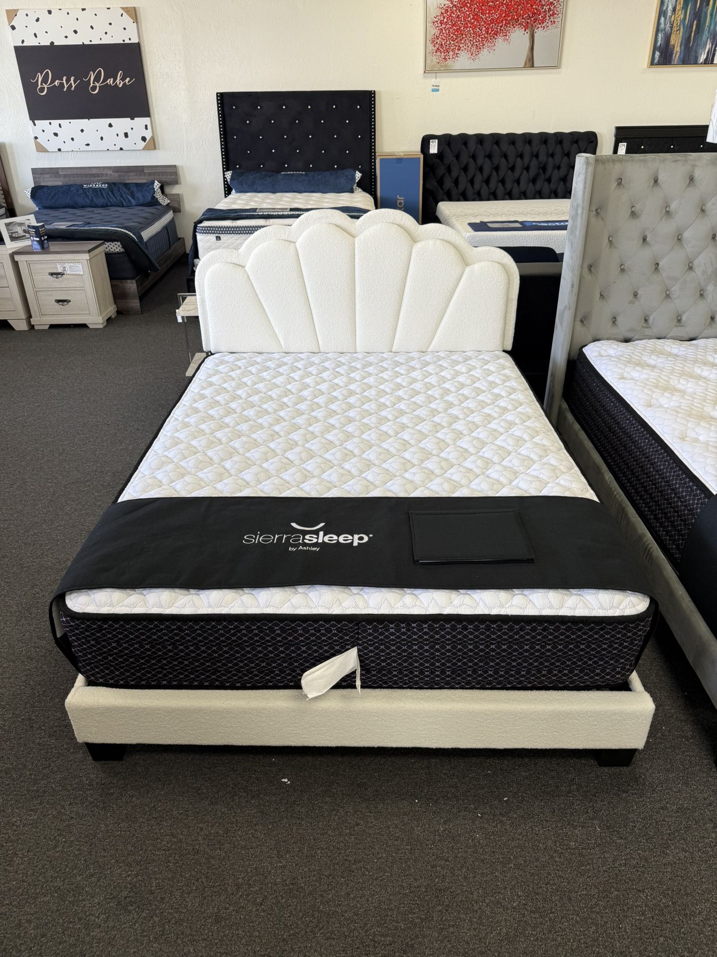 Queen Cloud Fabric Platform Bed Frame With LED lights
