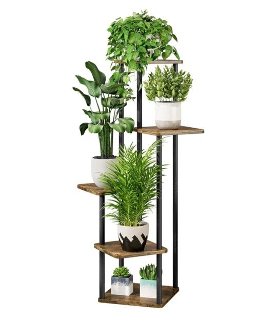 NEW AZERPIAN Plant Stand Indoor 5 Tier Metal Plant Shelf Brown/Black for Multiple Plants Corner Tall Flower Holders for Living Room Balcony Patio