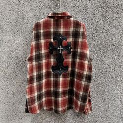 Chrome Hearts leather metal cross plaid woolen loose straight long-sleeved shirt jacket for men and women L