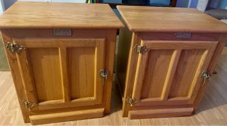 Vintage White Clad Simmons Hardware Co. Oak Ice Box Style End Tables and Night Stand - set of 3