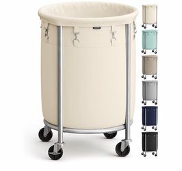 Heavy-Duty Laundry Hamper Cart with Removable Bag, Cream White and Metallic Silver