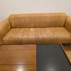 Article Honey Oak and Taos Brown Leather Sofa
