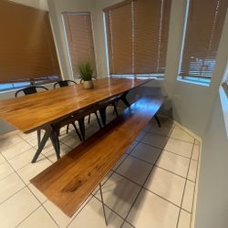 Weaver Dining Table, Matching Bench and Metal chairs