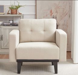Mid-Century Accent Chair,Beige Linen Fabric Armchair for Living Room,Oversized Upholstered Single Sofa Chair for Bedroom Office Study,Comfy Accent Cha