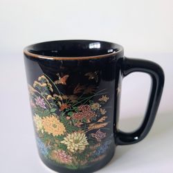 Kutani Japanese Black Coffee Tea Mug With House Flowers 