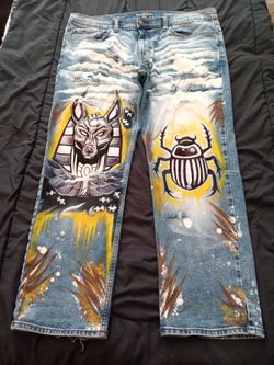Custom Hand-Painted Egyptian Art Denim Jeans 1of1 size 40w30l