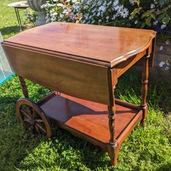 Vintage Wooden Drop Leaf Tea Cart with Rolling Wheels and Lower Shelf -