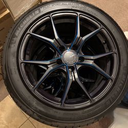 New 17x7.5 Velsen 531 Wheel 5x114.3 Black With Blue Milling 38mm Rims Michelin Pilot Sport Tires