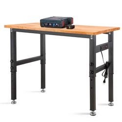 48" Adjustable Workbench, Rubber Wood Top Heavy-Duty Workstation, 2000 LBS Load Capacity Hardwood Worktable with Power Outlets for Garage, Workshop, O