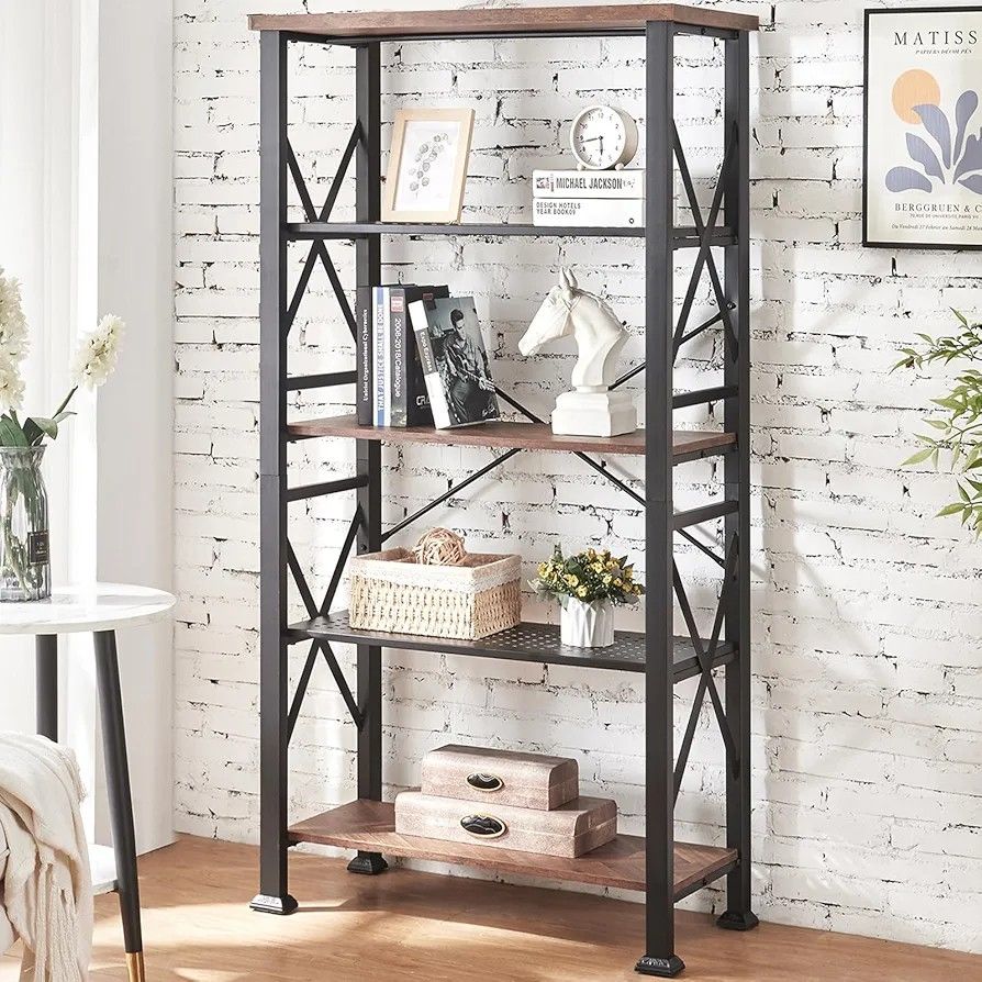 5 Tier Bookshelf, Tall Book Shelf with Metal Frame and Open Shelves, Rustic Bookshelves and Bookcases, Heavy Duty Bookcase for Living Room, Bedroom