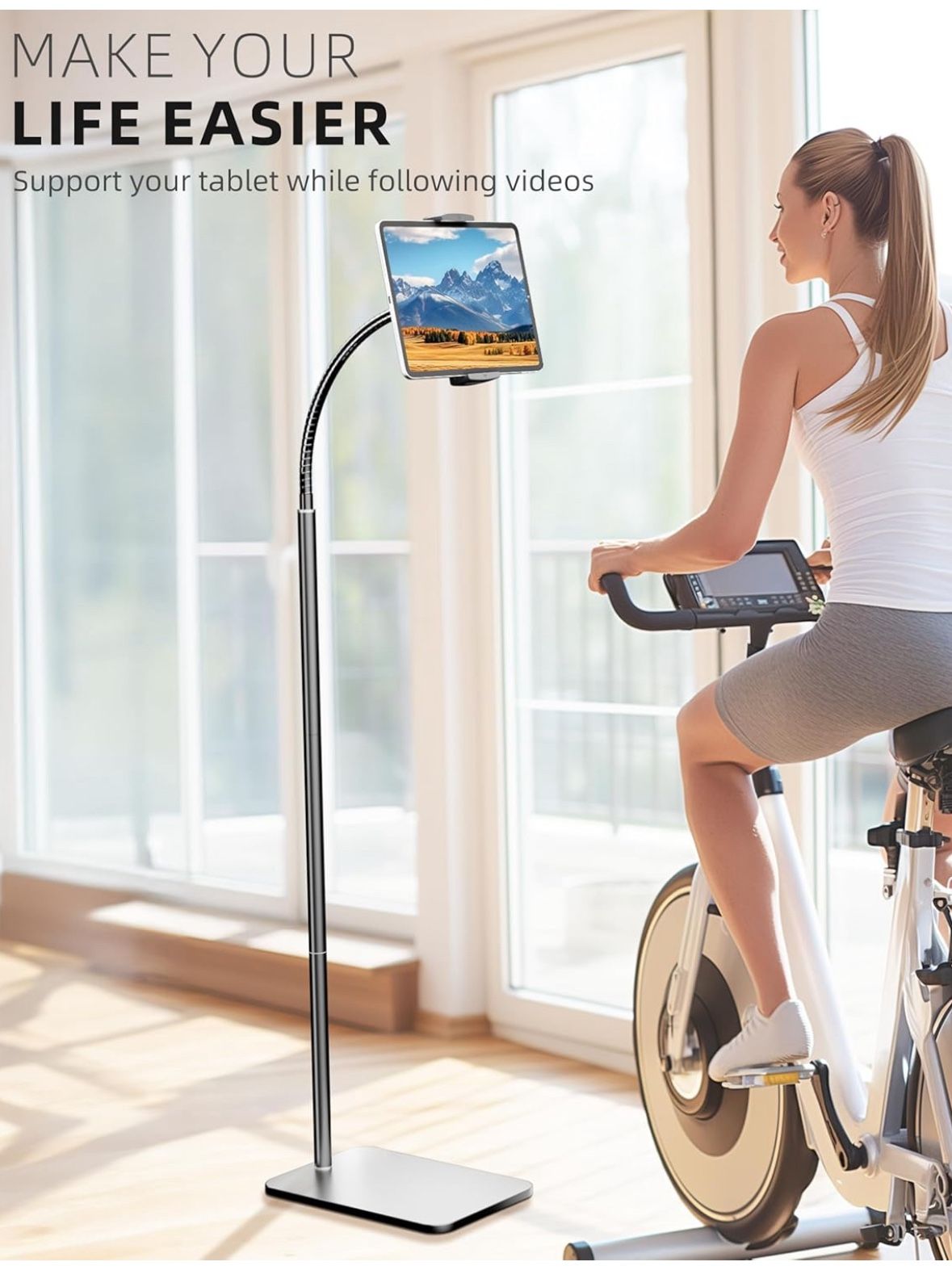 iPad Stand, Adjustable Tablet Floor Stand Metal Tablet Holder with Flexible Gooseneck, Compatible with iPad, Kindle, and Cell Phones (4.7''-13'')