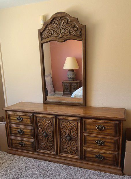 Carved Oak Dresser W/ Mirror 