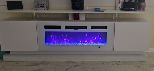 Large White Electric Fireplace TV Stand / Entertainment Center