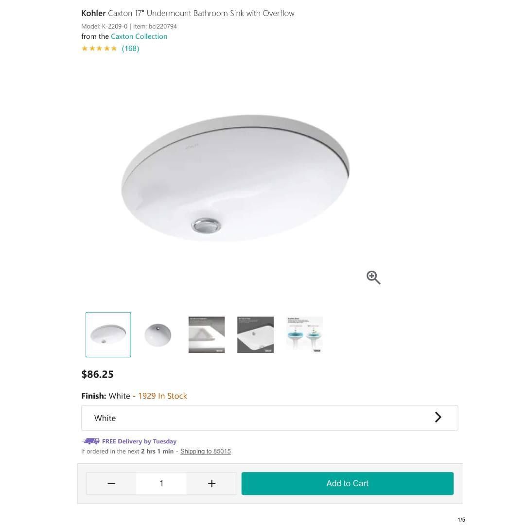 Kohler Caxton 17" undermount bathroom sink with overflow. Model: k-2209-0