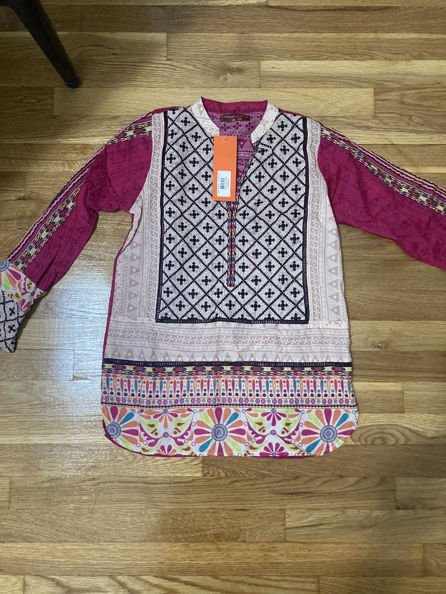 Khaadi Pret Short Tunic Top Blouse Pink Multicolored Middle Eastern Nwt size 10