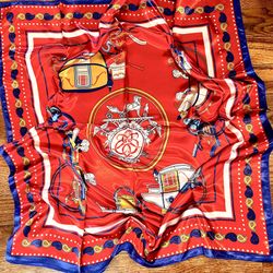 Vintage Equestrian HORSE&CARRIAGE print RED oversized silky Scarf 35/35