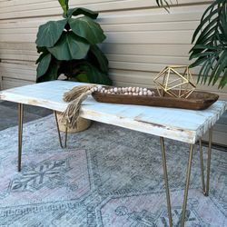 Live Edge White Coffee Table with Golden Metal Hairpin Legs