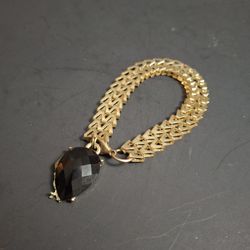 Gold Plated Foxtrail V-Pattern Chain Bracelet With Lobster Clasp & Faceted Quartz Black Stone Or Black Faceted Onyx