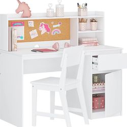 White Kids Study Desk with Chair, Kids Desk and Chair Sets with Hutch and Storage Cabinet