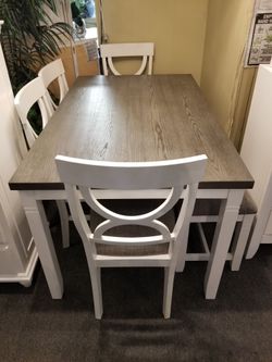 Brand new gray/white dining table (60x36x30H) + 4 gray linen chairs + benche