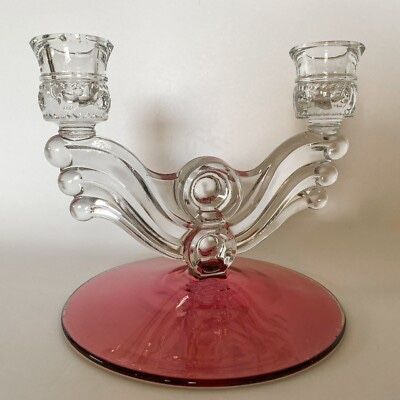 Tiffin-Franciscan King's Crown Ruby Flashed double light candlestick holder. 